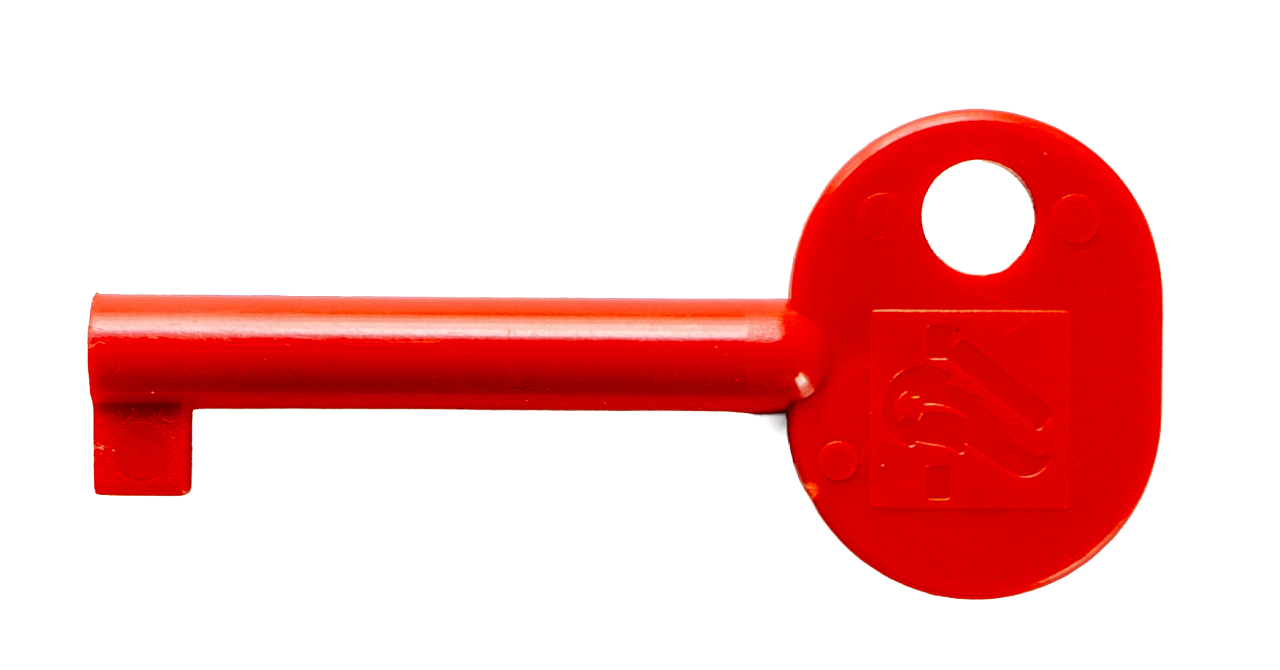 Roter Kunststoffschlüssel für Druckknopfmelder