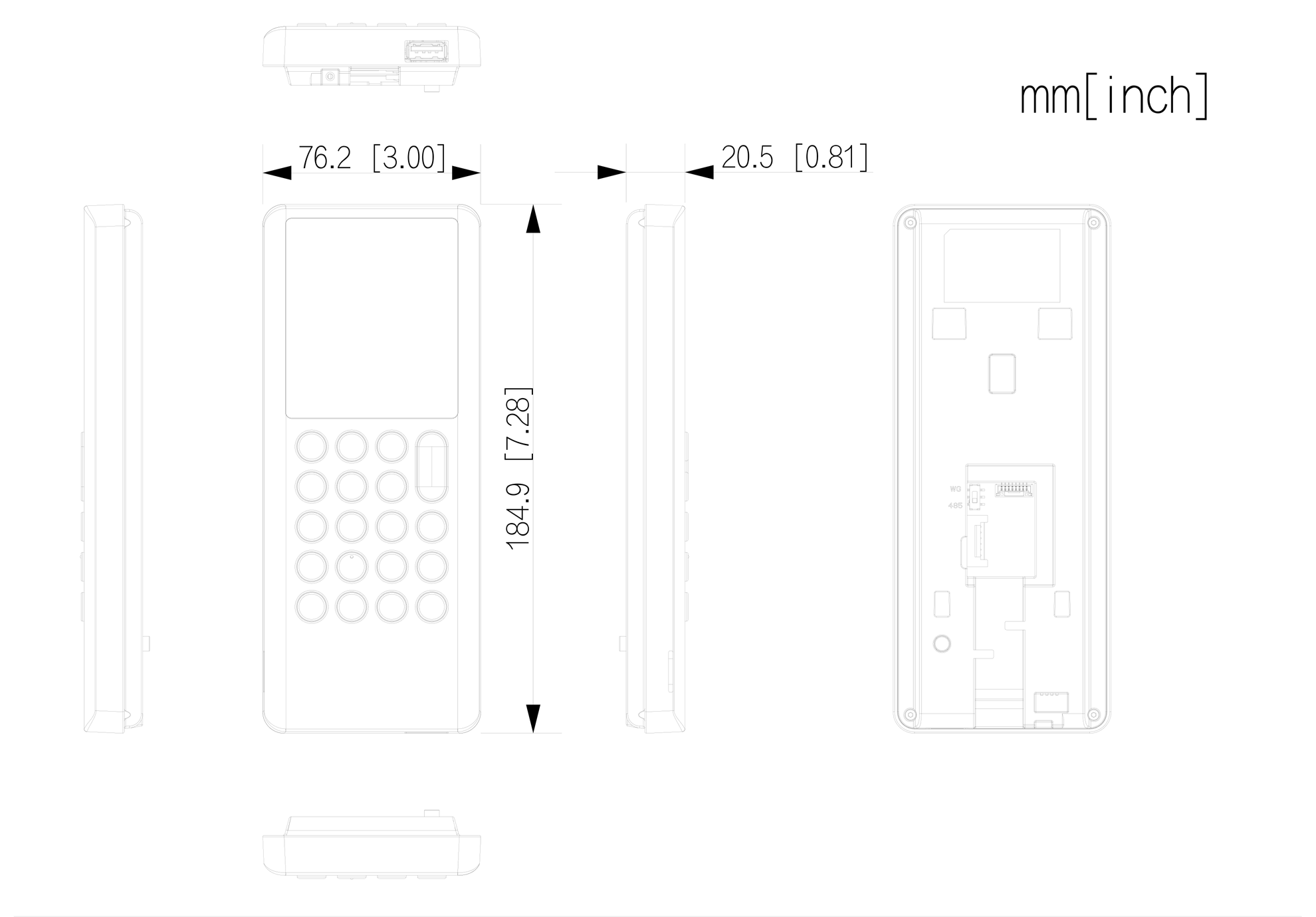 Dahua_ASI3204E-DW_Schwarz_3_Massskizze.png D-ASI3204E-DW Zutrittsterminal Gesicht/Fingerprint/RFID/PIN