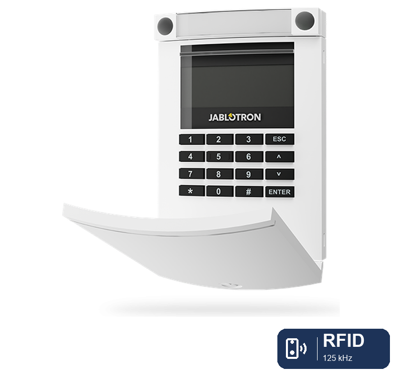 Jablotron_JA-154E-WH_RFID_Badge.png JA-154E-WH Drahtloses Zugangsmodul mit Display, Tastatur und RFID