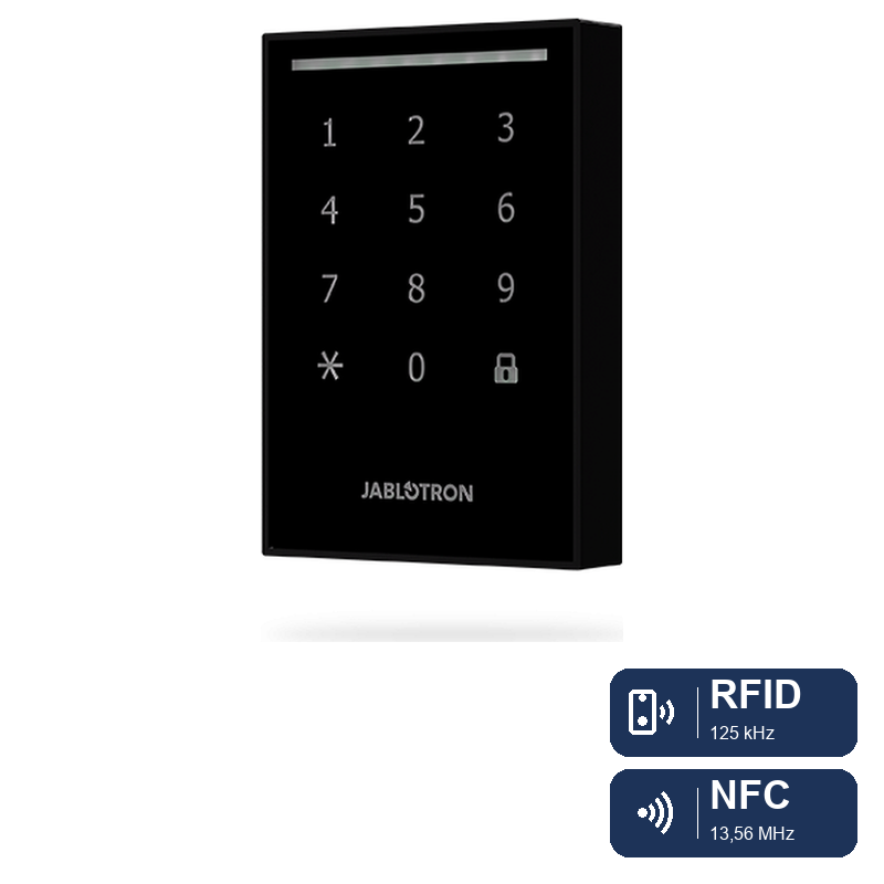 Jablotron_JA-121E-BK_RFID-NFC_Badge.png JA-121E-BK Bus-Außentastatur mit RFID/NFC-Leser - schwarz