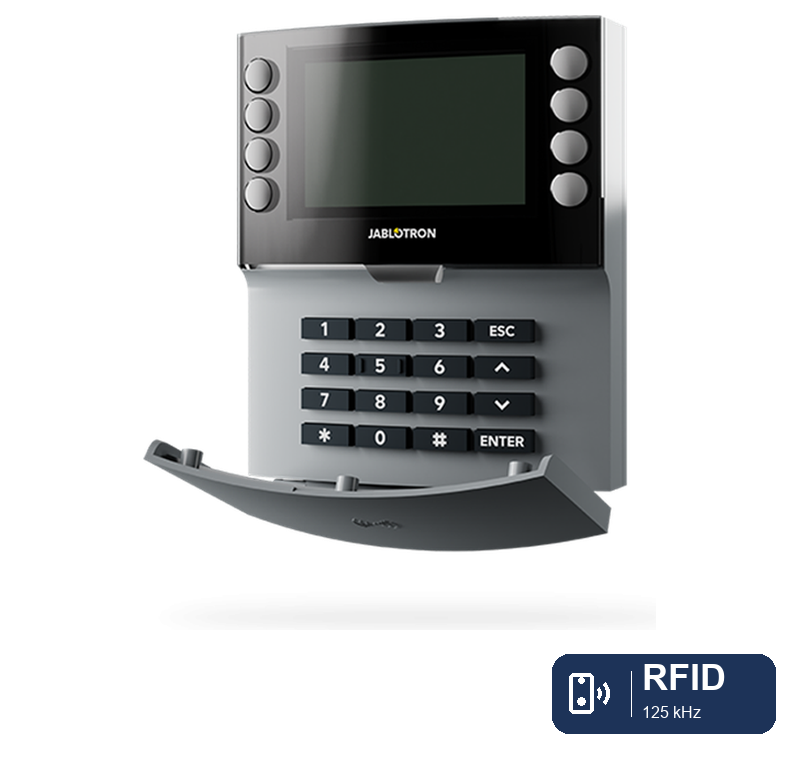Jablotron_JA-115E-GR_RFID_Badge.png JA-115E-GR Bus-Viersegmenttastatur mit Display und RFID-Leser - grau